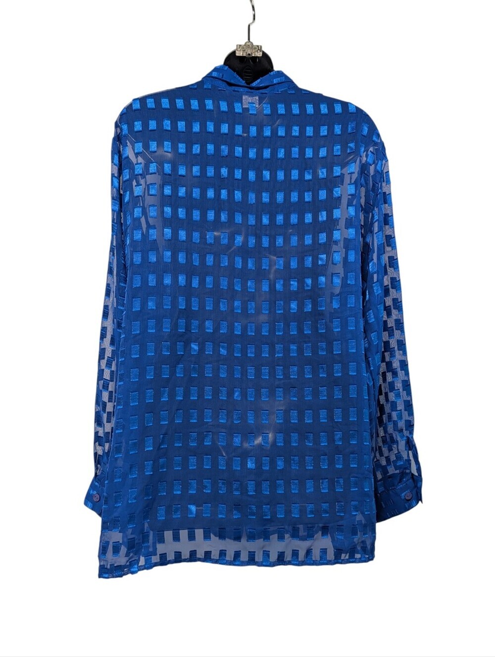 Notations Woman Blue Sheer Grid Metallic Button Down Blouse Top Plus Size 1X - Picture 2 of 8